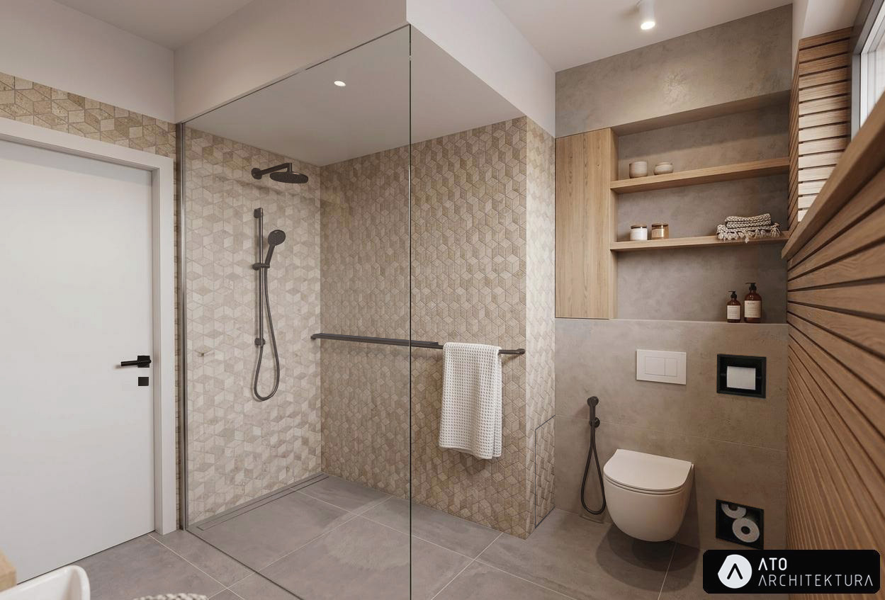 Nowoczesna łazienka z kabiną typu walk-in, geometryczne płytki w odcieniach beżu, drewniane akcenty i minimalistyczna armatura. Projekt z dbałością o detale.