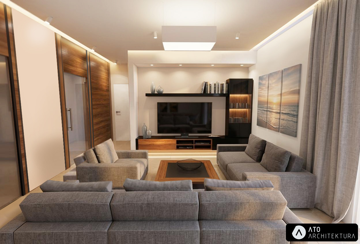 Nowoczesny salon z szarą sofą modułową, drewnianymi akcentami i oświetleniem LED. Minimalistyczny design z obrazami morskimi i elementami dekoracyjnymi.