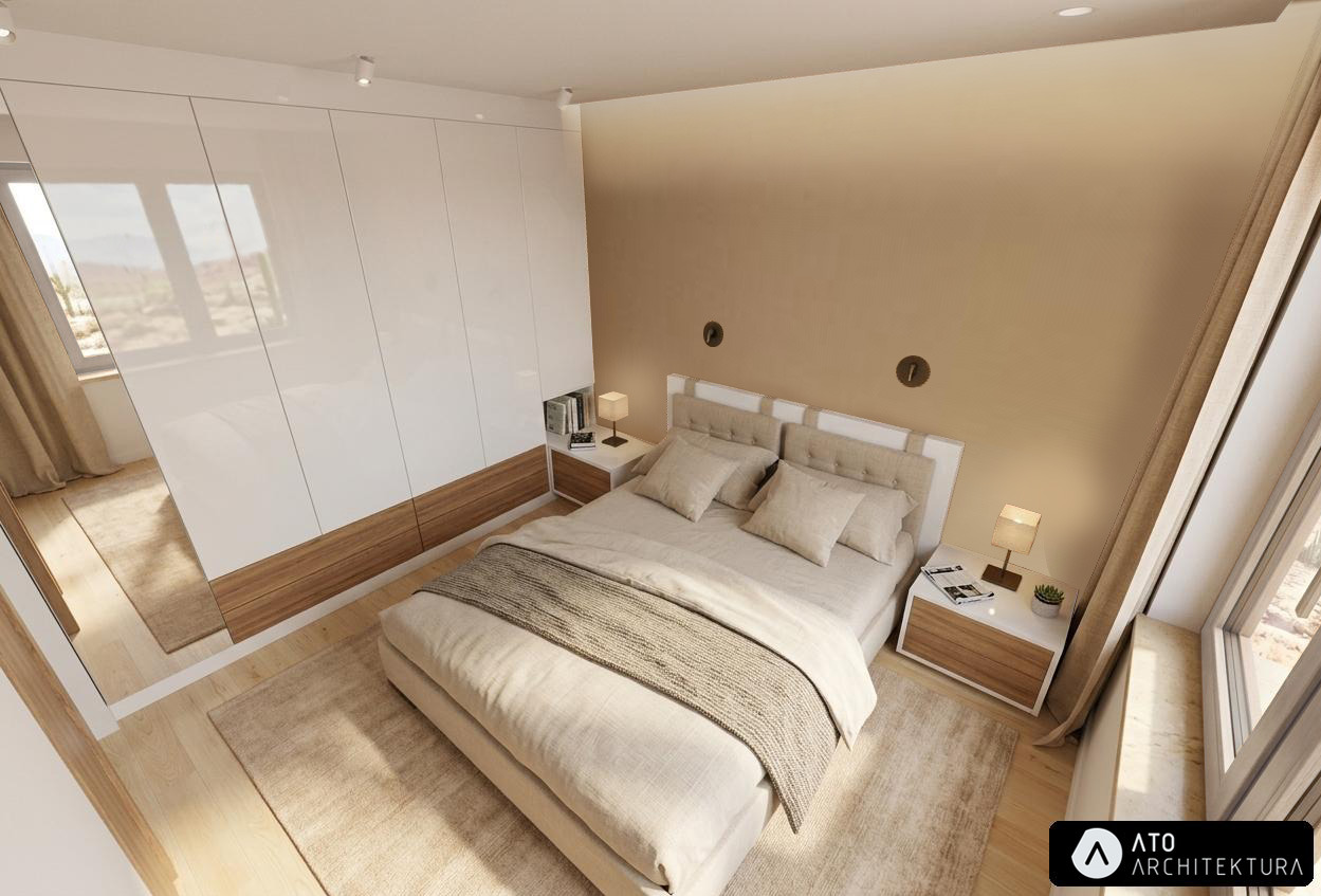 Jasna sypialnia z dużym łóżkiem, szafą z lustrem i beżową ścianą. Minimalistyczny design, ciepłe oświetlenie, widok z góry. Projekt wnętrza z logo ATO Architektura.