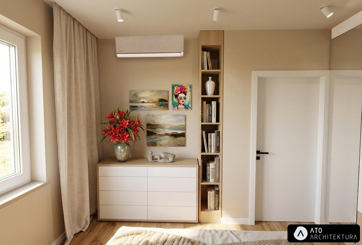 Jasne wnętrze: komoda z kwiatami, obrazy, regał z książkami. Minimalistyczny design, beżowe ściany, drewniana podłoga. Klimatyczne oświetlenie, nowoczesny klimatyzator.
