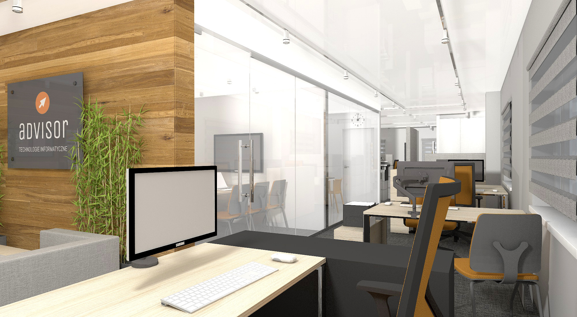 Wizualizacja nowoczesnego biura z drewnianą ścianą, logo firmy Advisor, szklaną salą konferencyjną i stanowiskami pracy z monitorami.