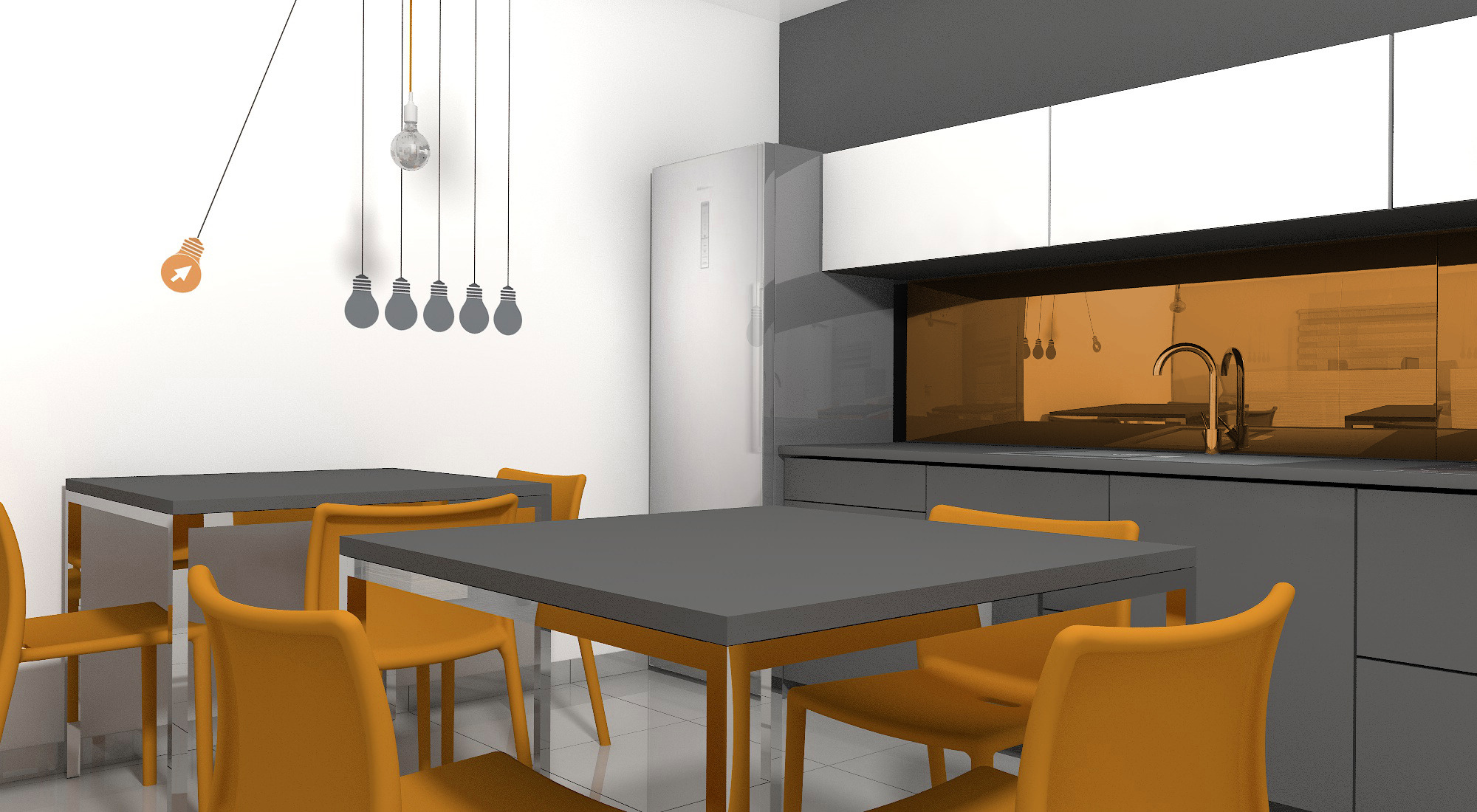 Wizualizacja nowoczesnej kuchni z szarymi szafkami, pomarańczowym panelem nad blatem, białymi szafkami wiszącymi i stołem z pomarańczowymi krzesłami; na ścianie grafika z motywem żarówek.