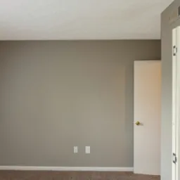 Pusty pokój z beżową ścianą, brązową wykładziną dywanową, białym sufitem i otwartymi białymi drzwiami z widocznymi gniazdkami elektrycznymi.