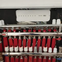 Rozdzielacz ogrzewania podłogowego z czerwonymi rurami, widoczne zawory termostatyczne i listwa sterująca Tech Sterowniki