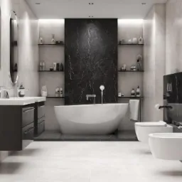 Elegancka łazienka w odcieniach szarości i czerni z wanną wolnostojącą, umywalkami na szafkach, bidetem i toaletą, wykończona płytami imitującymi marmur.