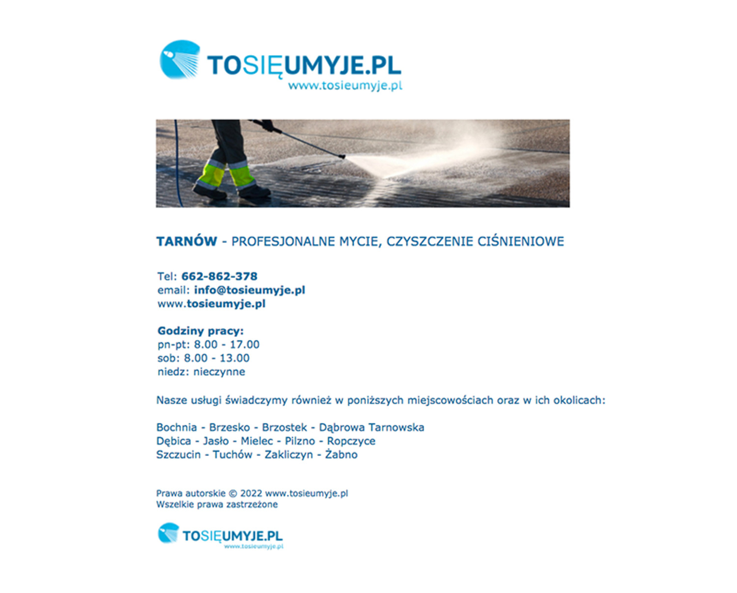 Grafika reklamowa firmy oferującej czyszczenie ciśnieniowe, prezentująca osobę w odblaskowych spodniobutach, czyszczącą powierzchnię wodą pod ciśnieniem.