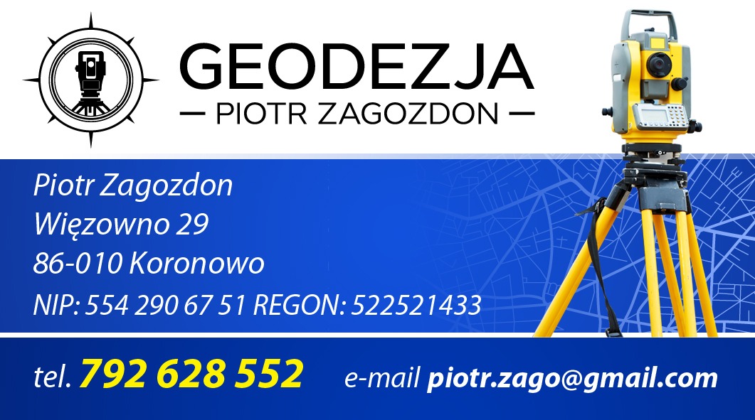 Baner firmy geodezyjnej: logo, nazwa 'Geodezja Piotr Zagozdon', adres, NIP, REGON, telefon i email na tle mapy i żółtego niwelatora.