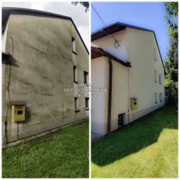 Porównanie elewacji budynku przed i po myciu, widoczna różnica w czystości i kolorze, z żółtą skrzynką gazową w obu kadrach.