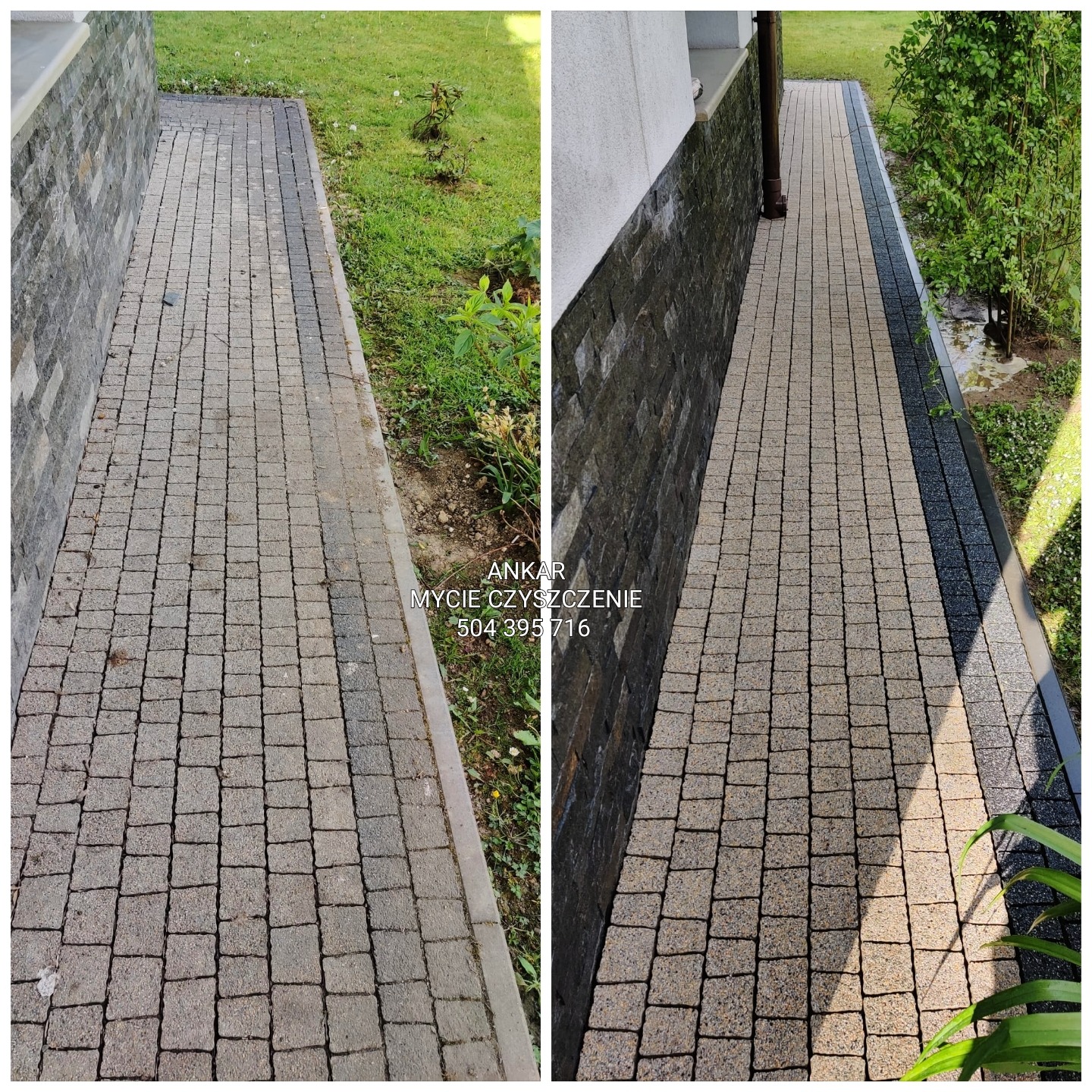 Porównanie kostki brukowej przed i po czyszczeniu. Lewa strona: zabrudzona, prawa strona: czysta, jasna. Widoczna ściana budynku z kamienia dekoracyjnego.
