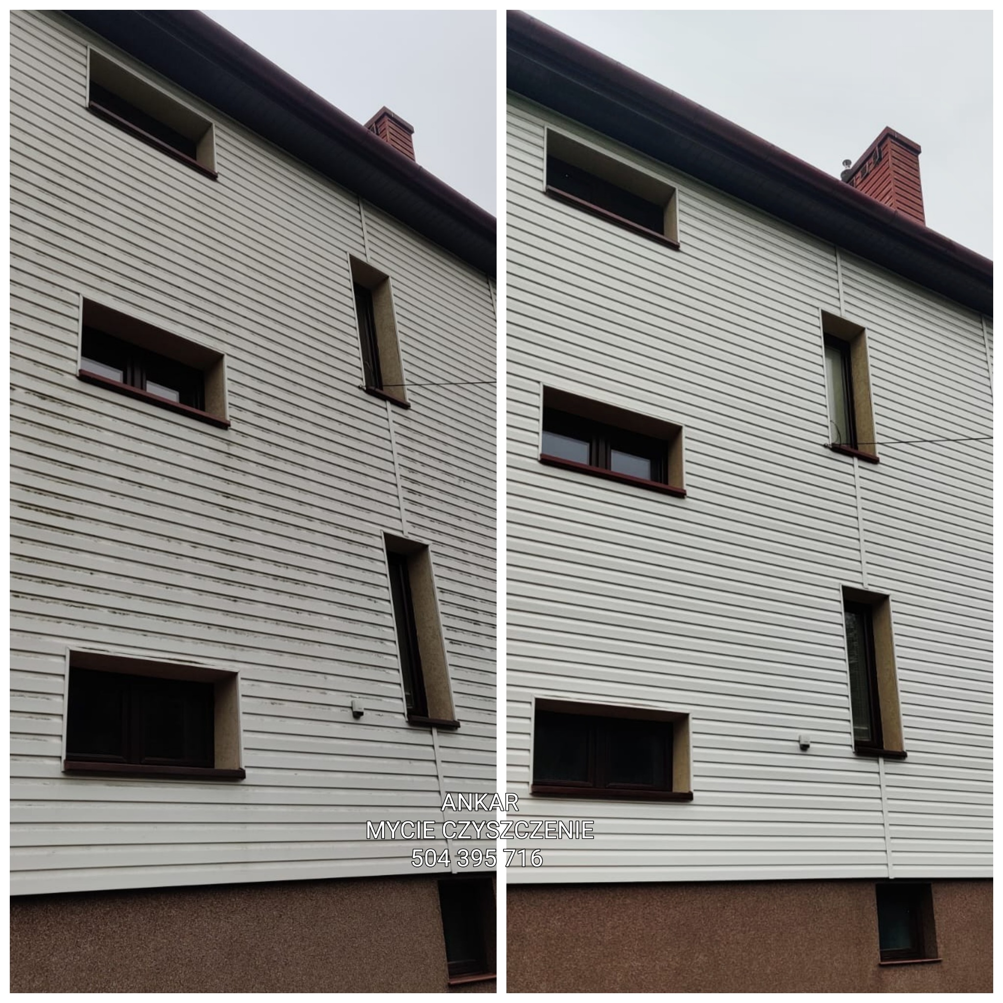 Porównanie stanu elewacji budynku przed i po czyszczeniu, widoczne różnice w czystości białej sidingowej powierzchni.