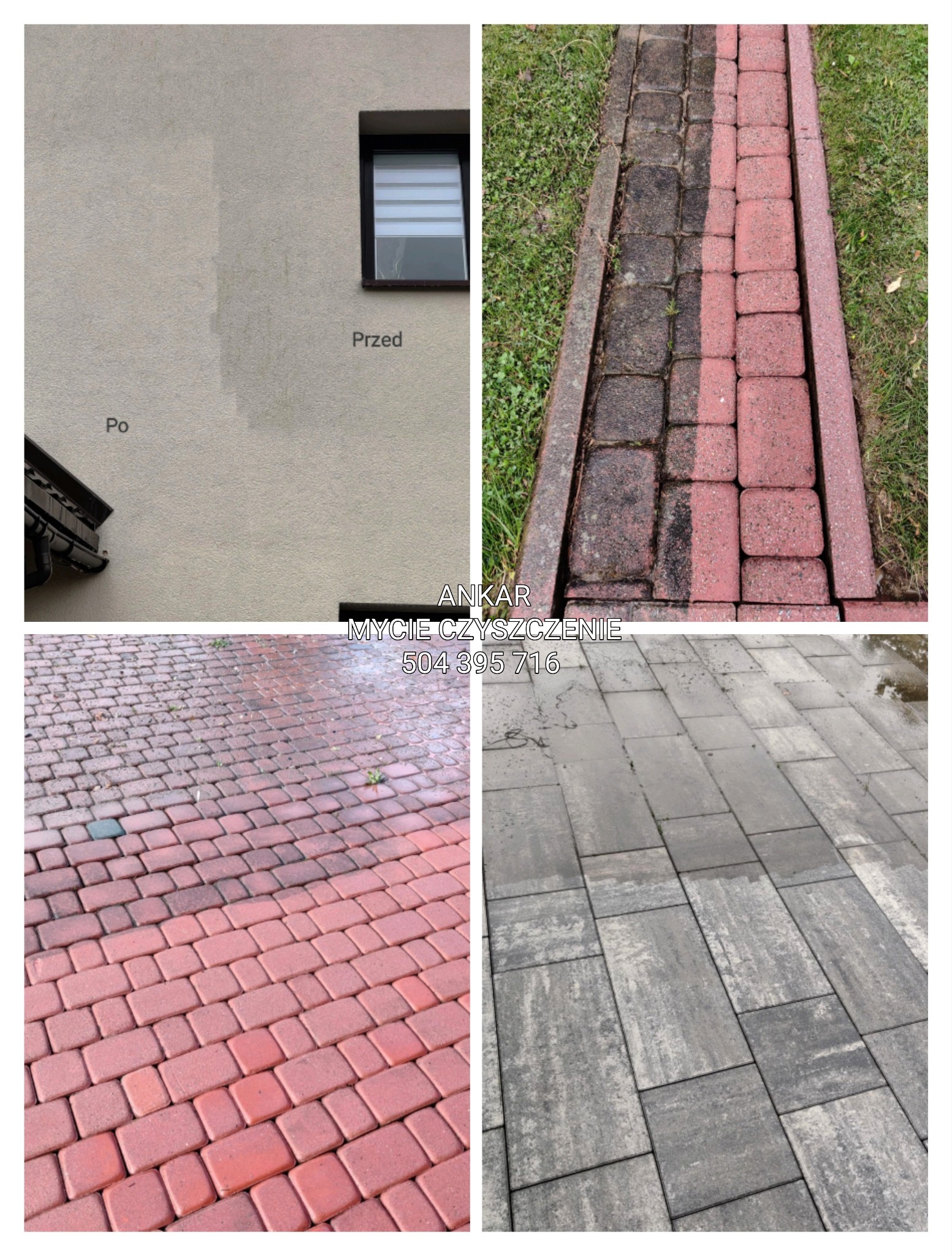 Efekt przed i po w Rabce-Zdroju: Czyszczenie elewacji i kostki brukowej. Porównanie stanu zabrudzonej ściany budynku oraz umytej kostki.