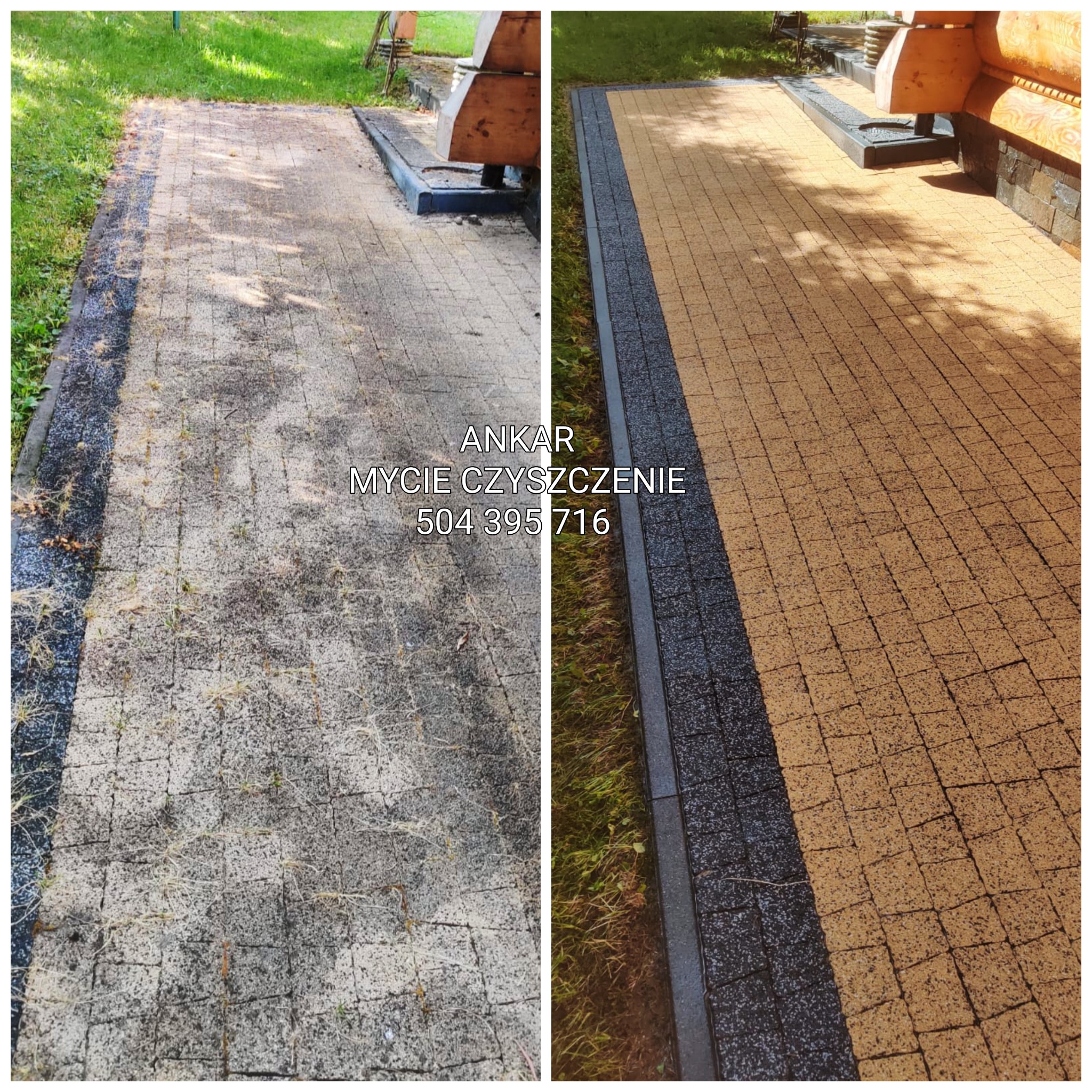 Efekt mycia kostki brukowej: po lewej brudna, po prawej czysta, z widoczną różnicą w kolorze i usuniętymi zabrudzeniami. Czysta kostka ma intensywny, piaskowy odcień.