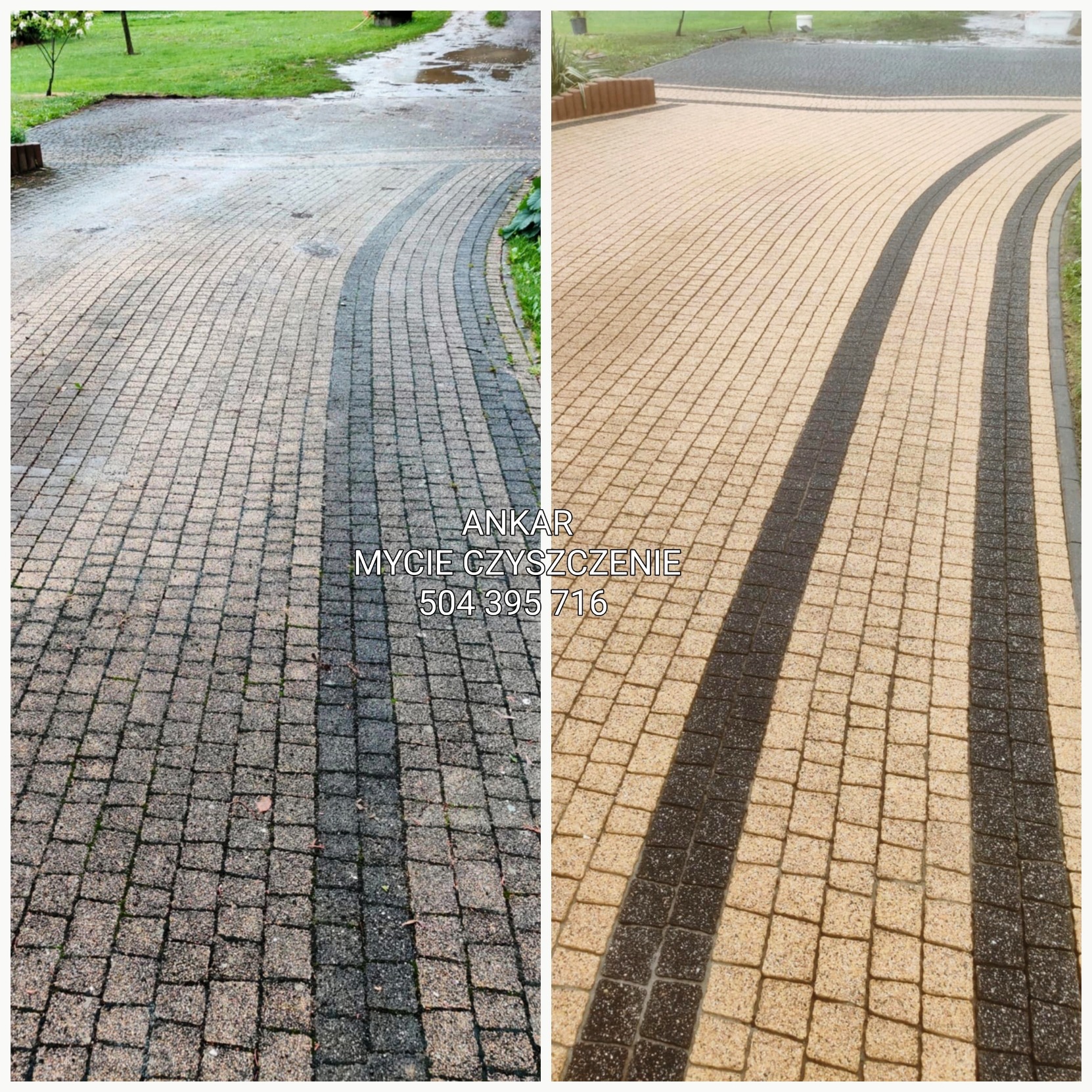 Efekt mycia kostki brukowej: porównanie stanu przed i po zabiegu. Czysta, jasna kostka po prawej, zabrudzona i ciemna po lewej. Widoczne wzory ułożenia kostki.