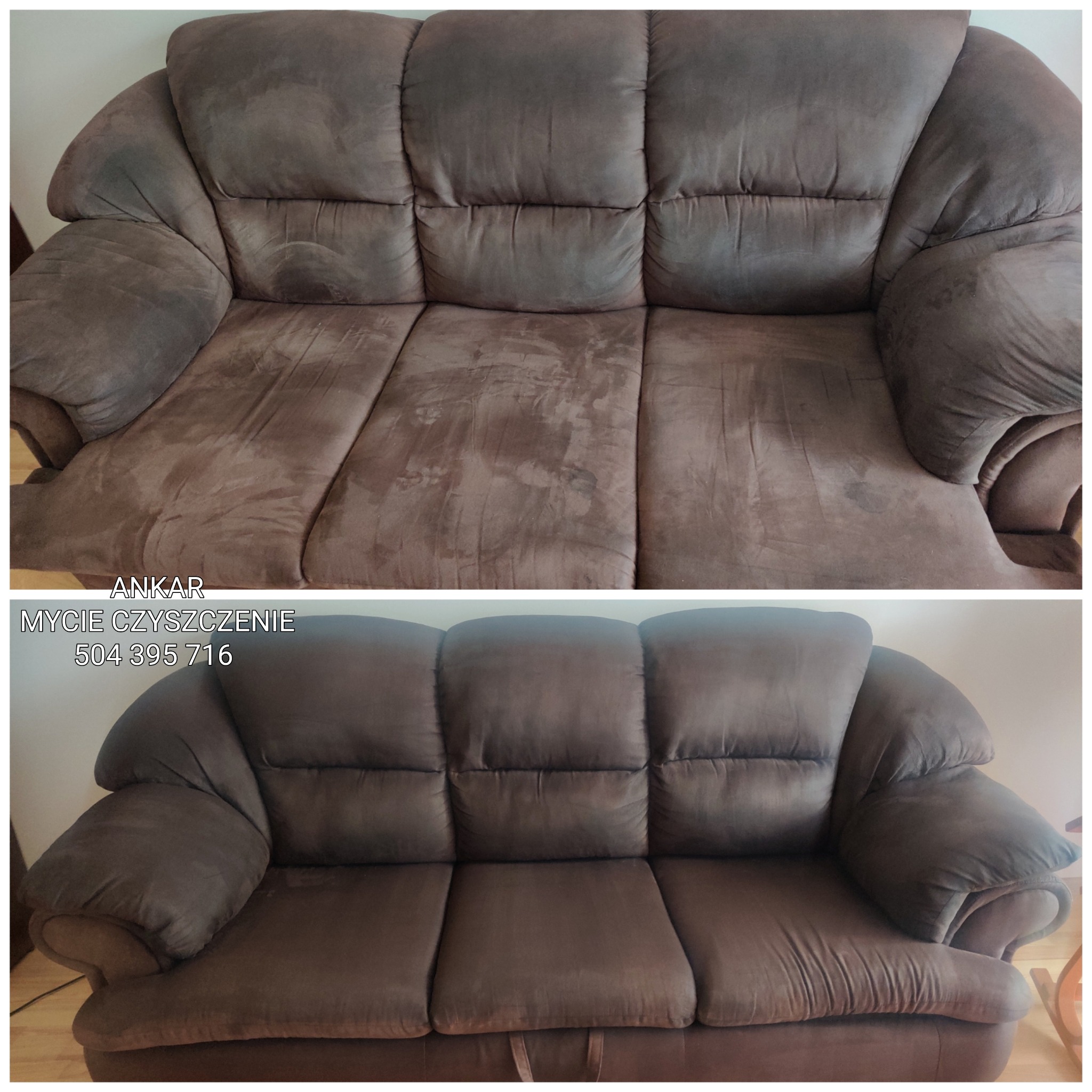 Brązowa kanapa tapicerowana, widok przed i po czyszczeniu, z widocznymi plamami i różnicą w odcieniu po zabiegu.