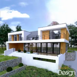 Wizualizacja nowoczesnego domu z płaskim dachem, wykończonego drewnem i białym tynkiem, otoczonego zielenią i kamiennymi murkami oporowymi.