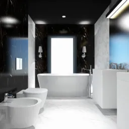 Nowoczesna łazienka z wanną wolnostojącą, białą armaturą i marmurowymi ścianami w odcieniach czerni i bieli, oświetlona lampami ściennymi i listwą LED.