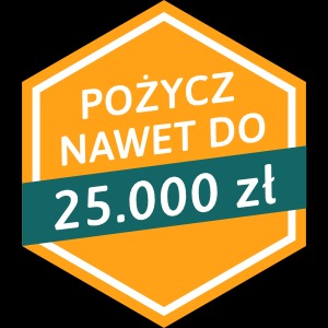 Żółto-pomarańczowa ikona w kształcie plastra miodu z tekstem 'POŻYCZ NAWET DO 25.000 zł' napisanym białą czcionką na zielonym pasku.
