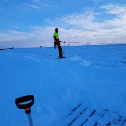 Pracownik w uprzęży, z linami asekuracyjnymi, stoi na zaśnieżonym dachu, w tle błękitne niebo. W dolnej części kadru widoczna łopata do śniegu.