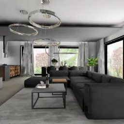 Nowoczesny salon z szarymi ścianami, ciemnoszarą sofą modułową, okrągłymi lampami wiszącymi i widokiem na ogród przez duże okna.