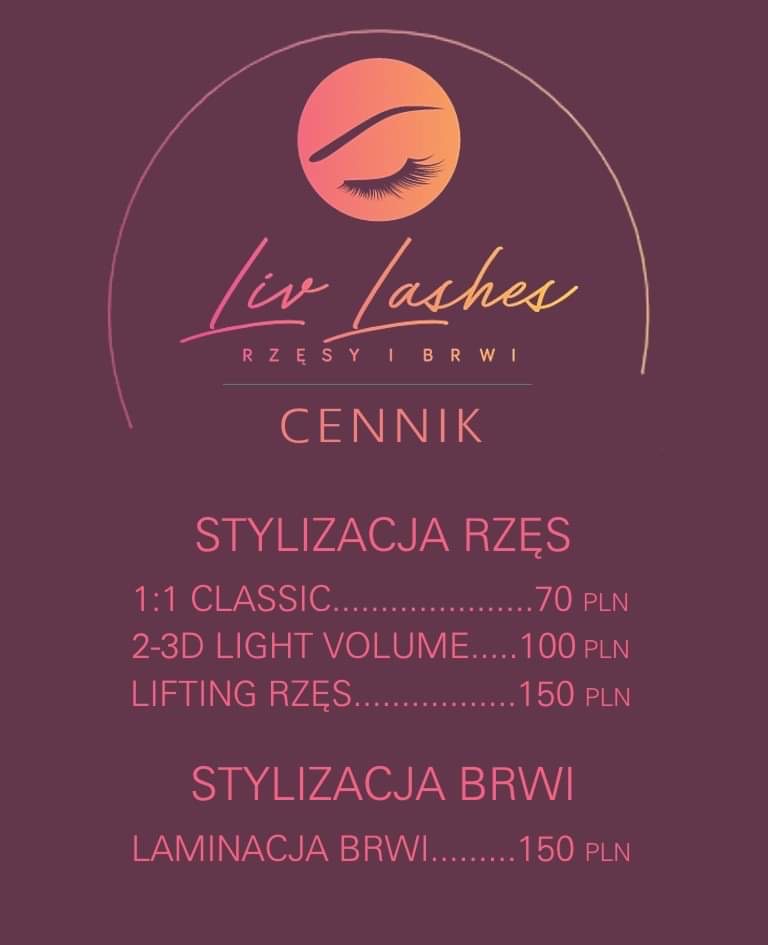 Cennik usług stylizacji rzęs i brwi Liv Lashes z wyszczególnionymi cenami dla 1:1 Classic, 2-3D Light Volume, liftingu rzęs oraz laminacji brwi, utrzymany w tonacji fioletowo-różowej.