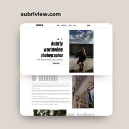 INcode - Strona internetowa fotografa Aubriview. Widok ekranu z nagłówkiem, menu i zdjęciem autorki. Minimalistyczny design, czarno-biała typografia, profesjonalna fotografia.