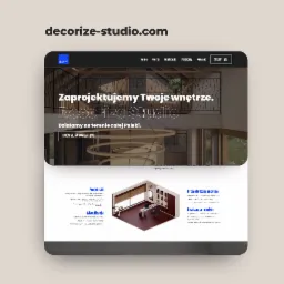Strona Decorize Studio prezentująca projekty wnętrz: 3D, koncepcyjne i wizualizacje. Minimalistyczny design, stonowana kolorystyka, czytelna nawigacja.