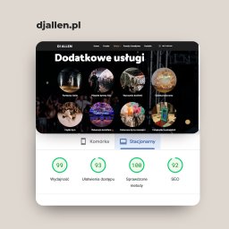 INcode - Ekran strony djallen.pl z ofertą usług: fontanny iskier, pistolet dymny CO2, wyrzutnia konfetti, ścianka balonowa, ciężki dym, dekoracja światłem, fotobudka.