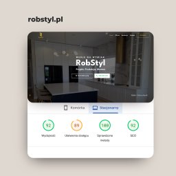 INcode - Zrzut ekranu strony internetowej robstyl.pl prezentujący meble na wymiar. Widok strony na urządzeniach stacjonarnych z oceną wydajności i SEO.