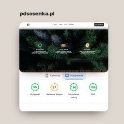 INcode - Prezentacja strony internetowej pdsosenka.pl na ekranie, z widocznymi statystykami wydajności, dostępności, metod i SEO. W tle grafika leśna.