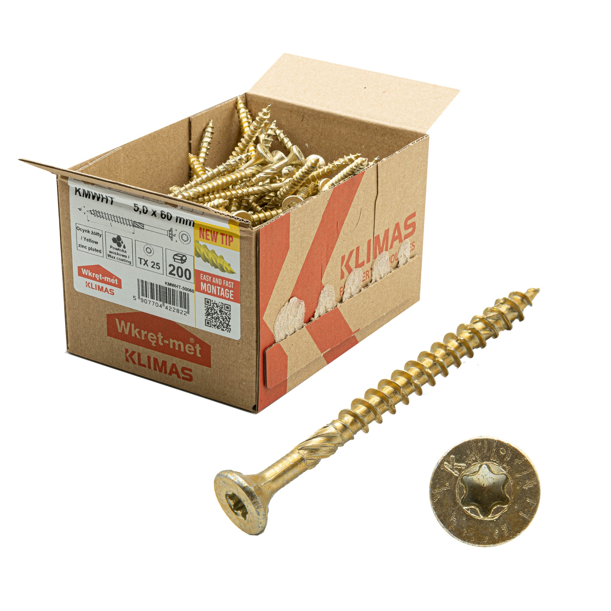 Pudełko wkrętów Klimas z widocznymi, złotymi wkrętami z łbem gwiazdkowym, jeden wkręt leży obok pudełka, widoczny detal łba wkręta.