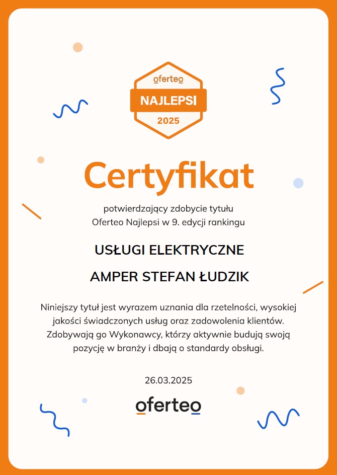 Certyfikat Oferteo Najlepsi 2025 dla usług elektrycznych Amper Stefan Łudzik, potwierdzający wysoką jakość świadczonych usług i zadowolenie klientów.