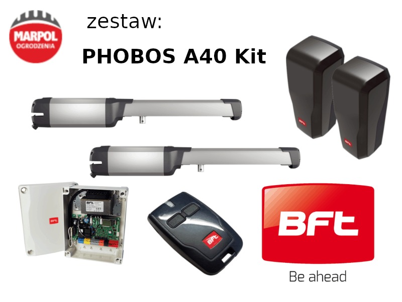 Zestaw automatyki do bram skrzydłowych Phobos A40 Kit, zawierający dwa siłowniki, centralę sterującą w obudowie, parę fotokomórek oraz pilot zdalnego sterowania. Widoczne logo producenta BFT.