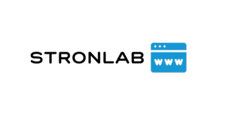 Logo firmy Stronlab z ikoną okna przeglądarki i adresem www w kolorze niebieskim.