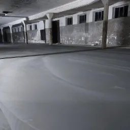 Wylewka samopoziomująca szarej posadzki przemysłowej w surowym, starym magazynie z kolumnami i oknami.