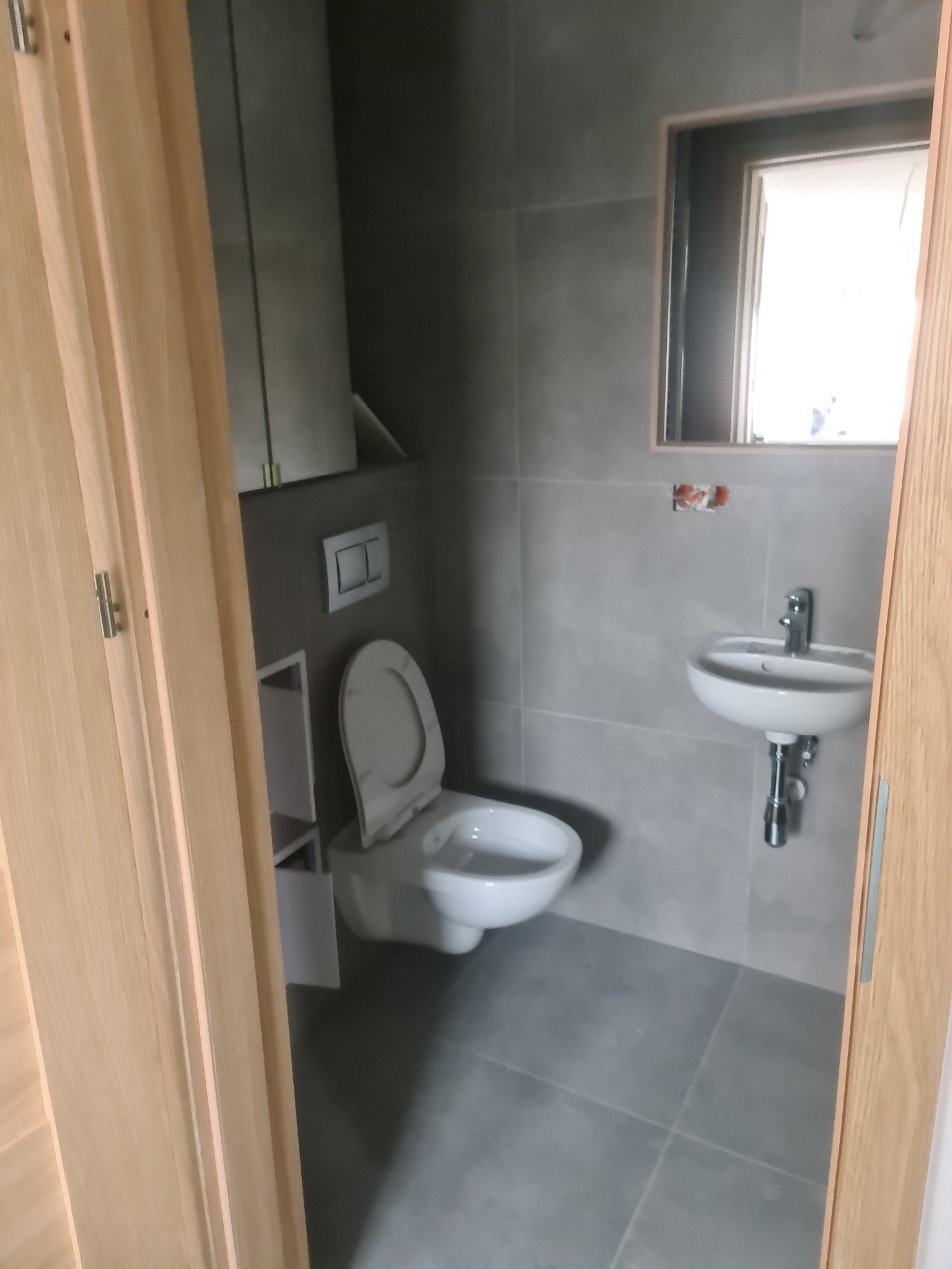 Nowoczesna łazienka w szarościach z wiszącą toaletą, umywalką i lustrem, widok zza drewnianych drzwi.