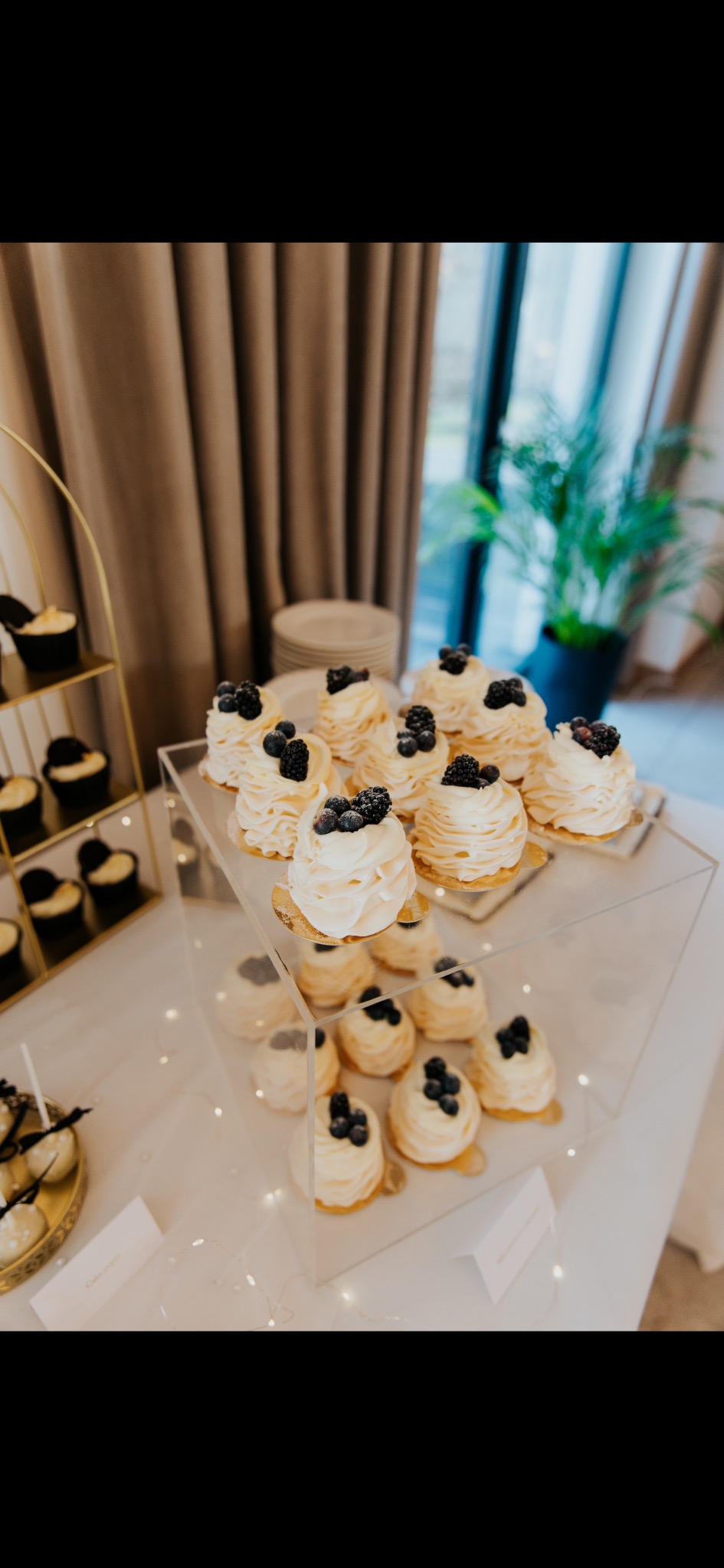 Eleganckie mini bezy z kremem i jeżynami na przezroczystym stojaku. Dekoracja stołu deserowego na przyjęciu, w tle rośliny doniczkowe.