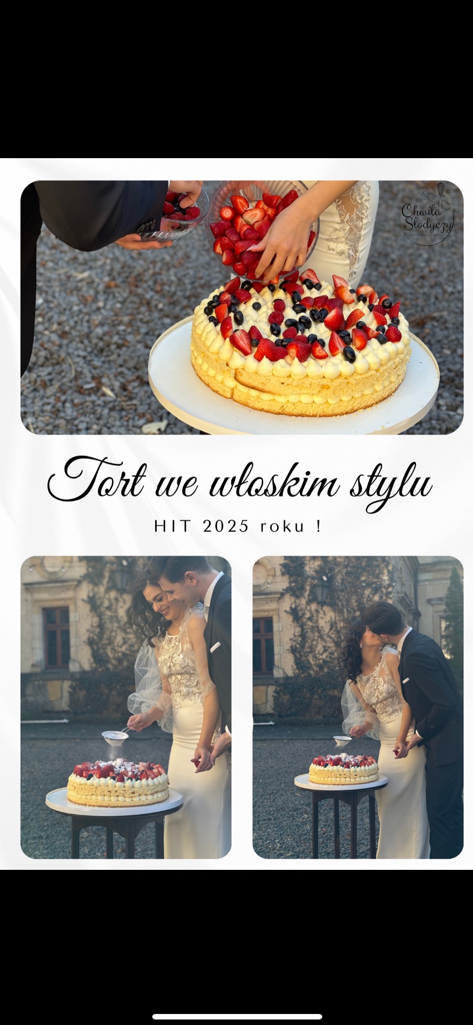 Tort w stylu włoskim, dekorowany świeżymi truskawkami i borówkami, prezentowany na tle pary młodej podczas ceremonii ślubnej.