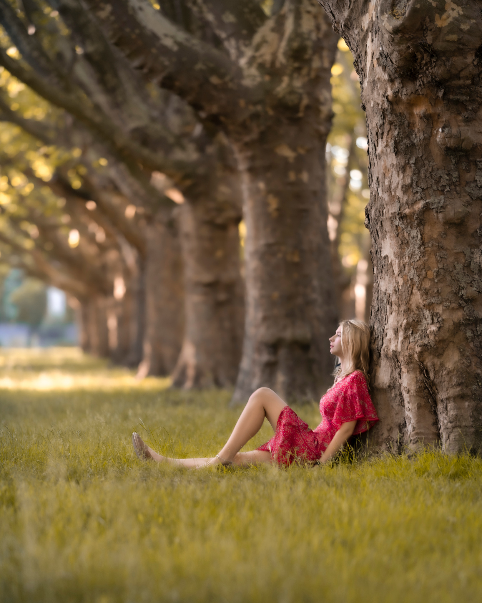 Kobieta w czerwonej sukience relaksuje się oparta o pień drzewa w alei parkowej, zamyślona twarz skierowana ku górze.