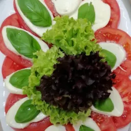 Caprese na białym talerzu: plastry pomidora przełożone mozzarellą i listkami świeżej bazylii, dekorowane zieloną i bordową sałatą.