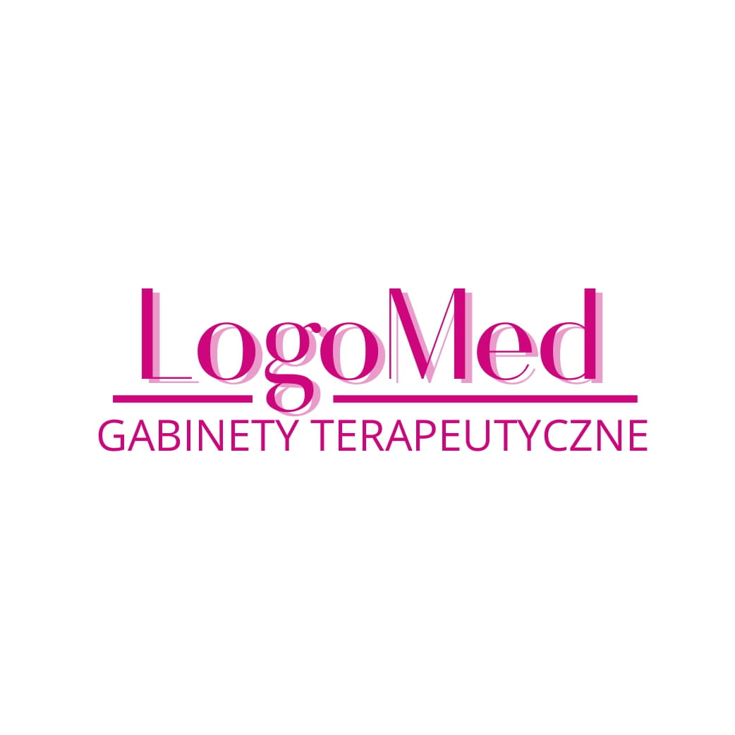 Różowe logo LogoMed Gabinety Terapeutyczne na białym tle.