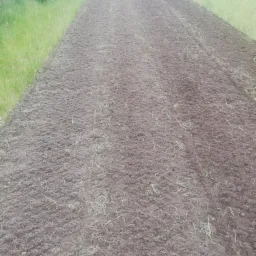 Przygotowana gleba pod trawnik z rolki, widoczny mały traktor z glebogryzarką w oddali, świeżo przekopana ziemia z resztkami trawy.