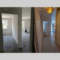 Aqua Construction - Porównanie stanu przed i po remontu mieszkania w Warszawie: surowy stan z gołymi ścianami i wylewką kontra wykończony korytarz z białą stolarką drzwiową i wzorzystą posadzką.