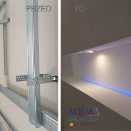 Aqua Construction - Porównanie stanu ściany przed i po wykonaniu zabudowy z oświetleniem LED, widoczne metalowe profile konstrukcyjne oraz wnęka z białym wykończeniem i niebieskim podświetleniem.