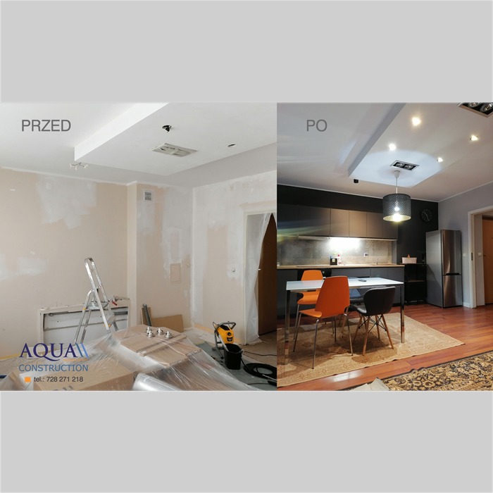 Zdjęcie typu 'przed i po' przedstawiające remont kuchni: po lewej stronie pokój z resztkami gładzi na ścianach, drabina i zakryte folią meble; po prawej odnowiona kuchnia z czarnymi szafkami...