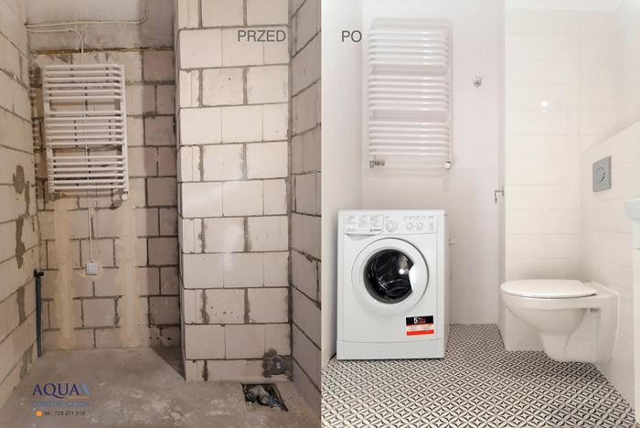 Porównanie stanu łazienki przed i po: surowe ściany z bloków kontra wykończona biała przestrzeń z pralką, grzejnikiem drabinkowym i wzorzystą podłogą.