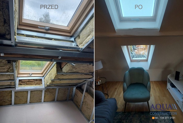 Porównanie stanu poddasza przed i po remoncie: surowe ściany z izolacją i metalowym stelażem kontra wykończone, pomalowane wnętrze z drewnianą podłogą i oknami dachowymi.