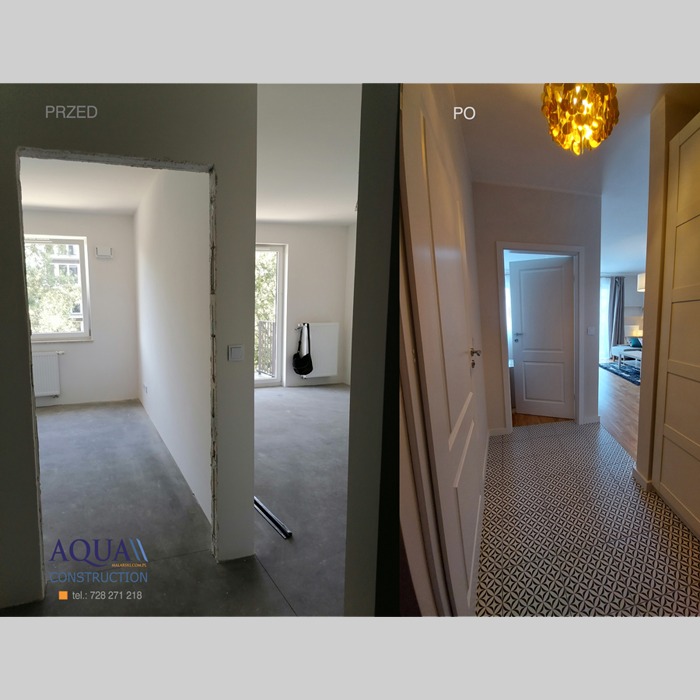 Porównanie stanu przed i po remontu mieszkania w Warszawie: surowy stan z gołymi ścianami i wylewką kontra wykończony korytarz z białą stolarką drzwiową i wzorzystą posadzką.