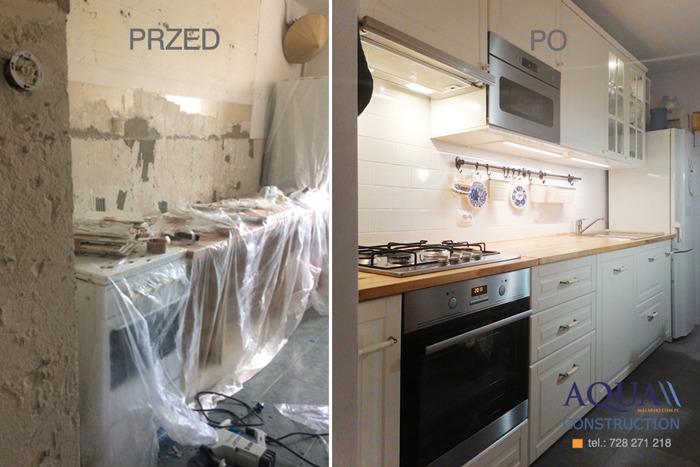 Porównanie stanu kuchni przed i po remoncie: od surowych ścian i zakrytych folią mebli do jasnej, wykończonej kuchni z białymi szafkami, drewnianym blatem, płytkami na ścianie i nowoczesnym...