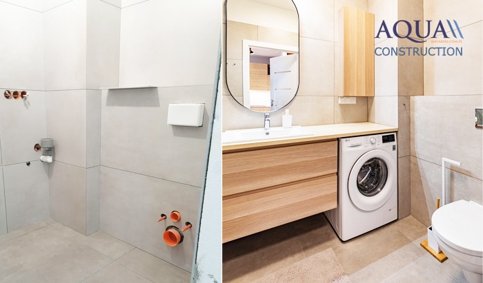 Dzielone zdjęcie łazienki: po lewej stan surowy z widocznymi instalacjami, po prawej wykończona łazienka z umywalką, lustrem, pralką i toaletą, całość w jasnych, beżowych płytkach.