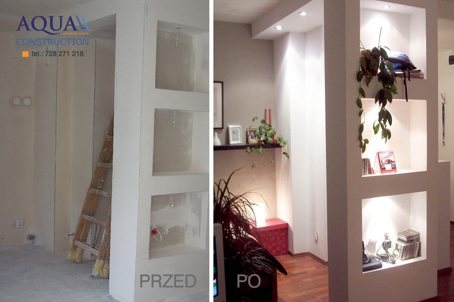 Przed i po: Ściana działowa z wnękami, surowa i wykończona, z oświetleniem punktowym i dekoracjami.